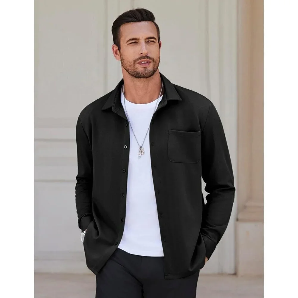 🆕Men's Black Long Sleeve Button Down Shirt Wrinkle Free Untucked Casual Shirts